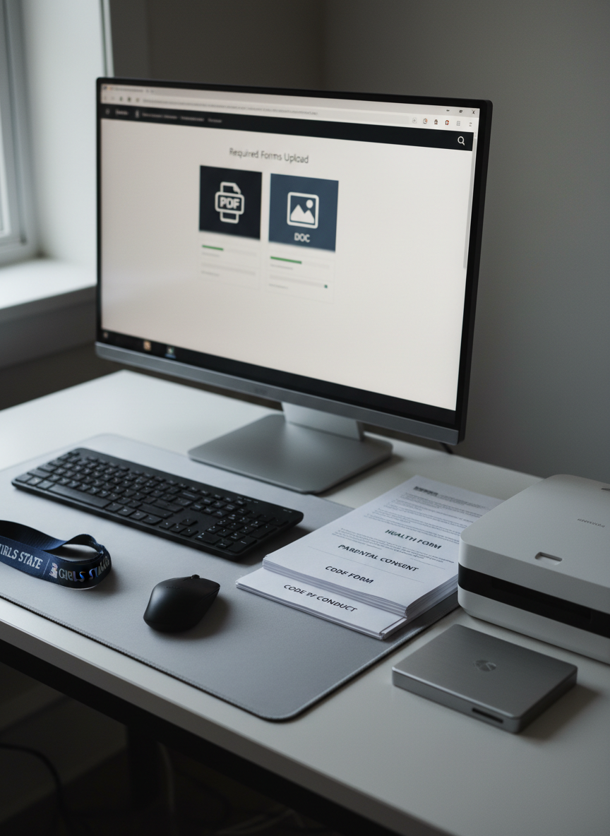 A well-organized “Required Forms Upload” workstation featuring a slim desktop monitor displaying a blurred secure upload portal with recognizable icons for PDF, DOC, and image files. Next to the monitor, a neatly stacked set of labeled paper forms—“Health Form,” “Parental Consent,” “Code of Conduct”—sits on a light gray desk surface, with a sleek scanner and an external hard drive alongside. A Girls State–branded navy lanyard rests casually near the keyboard. Cool, diffused light from an unseen window creates a clean, tech-forward feeling with soft reflections on the monitor. Photographed from a diagonal, slightly elevated angle with moderate depth of field, in crisp photographic realism, the mood is orderly, secure, and user-friendly, ideal for reassuring families submitting important documents online.
