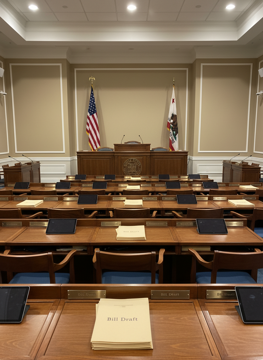 A detailed mock legislative chamber scene without people, showing rows of empty wooden desks with neatly arranged folders labeled “Bill Draft,” small brass nameplate holders, and closed tablets at each seat. At the front, a raised podium with an engraved seal reading “Girls State” stands beneath a large, respectfully displayed American flag and a California state flag on tall poles. The chamber walls are a warm neutral tone with classic molding, subtly lit by overhead fixtures. Soft, balanced interior lighting creates gentle highlights on the wood grain and flags, with no harsh shadows. Photographed from a slightly elevated, centered perspective with deep focus so every desk is clear, in realistic photographic style, the mood is serious, aspirational, and civic-minded, capturing the educational purpose of the program.