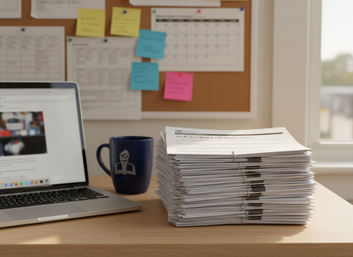 An orderly workspace representing staff applications for a civic education program, featuring a neatly stacked pile of printed resumes clipped together, an application form titled “ALA Girls State Staff Application” on top, and a sleek silver laptop displaying a blurred application portal screen. A navy ceramic mug with a subtle emblem sits to the side on a light oak desk. A corkboard in the background holds color-coded sticky notes, printed schedules, and a pinned calendar, softly out of focus. Warm, diffused afternoon light from a window to the right creates a calm, productive atmosphere with soft shadows. Shot at eye level with a balanced composition and moderate depth of field, in clean, realistic photographic style, it conveys professionalism, organization, and opportunity for leadership involvement.