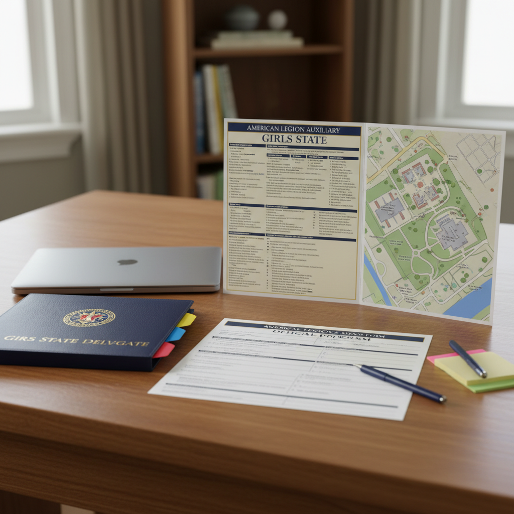 A close-up of an official Girls State delegate packet laid out on a smooth wooden desk, including a detailed program schedule, a printed map of a mock state capitol, and neatly clipped consent and medical forms. A navy-and-gold branded folder with the American Legion Auxiliary emblem sits partially open, revealing color-coded tabs. A sleek laptop is closed nearby, next to a blue ink pen and a small stack of sticky notes. Soft, indirect daylight from the left casts gentle shadows and highlights the texture of the paper. The background falls into a subtle blur, emphasizing the documents. Captured from a slightly elevated angle with shallow depth of field, in realistic, professional photographic style, the mood is focused, organized, and reassuring, perfect for illustrating the registration and forms section of the site.