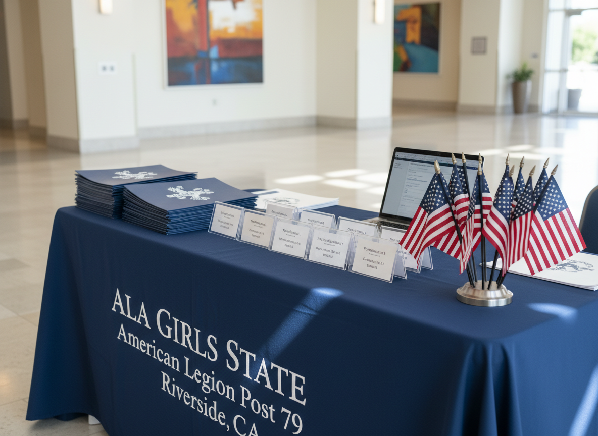 A neatly arranged registration welcome table for a civic leadership program, featuring a navy blue tablecloth embroidered with “ALA Girls State – American Legion Post 79, Riverside, CA” in crisp white lettering. On the table rest organized stacks of glossy registration folders, printed name tags in clear holders, and a small display of miniature American flags in a brushed metal stand. The setting is a bright, modern lobby with neutral walls and a polished tile floor, softly blurred in the background. Natural daylight from unseen windows creates even, diffused lighting with gentle reflections on the table surface. Photographed at eye level with a slight angle to show depth, in clean, realistic photographic style, the image feels professional, welcoming, and well-organized, ideal for a non-profit program homepage hero banner.