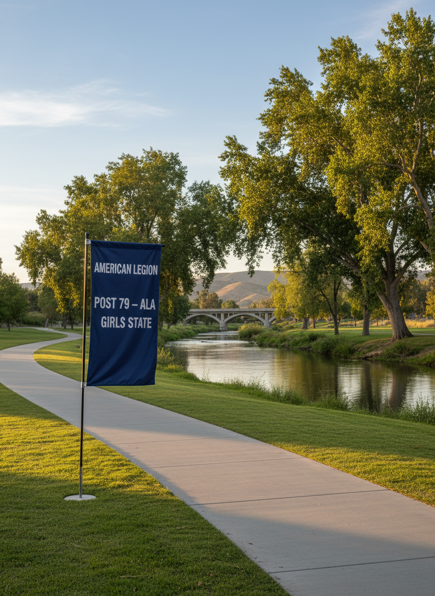 A calm outdoor riverside setting representing the Riverside, CA location, featuring a clean concrete walkway leading toward a gently curving riverbank lined with well-maintained green grass and mature trees. In the foreground, a navy blue banner on a simple metal stand reads “American Legion Post 79 – ALA Girls State” in white lettering, fluttering slightly. The distant background shows a soft-focus bridge and low hills under a clear blue sky. Warm late-afternoon sunlight bathes the scene, creating long, gentle shadows and a golden edge on the banner fabric. Shot at eye level with the banner placed on the rule of thirds, in realistic, vibrant photographic style, the atmosphere is welcoming, grounded in the Riverside community, and subtly patriotic without any human figures present.