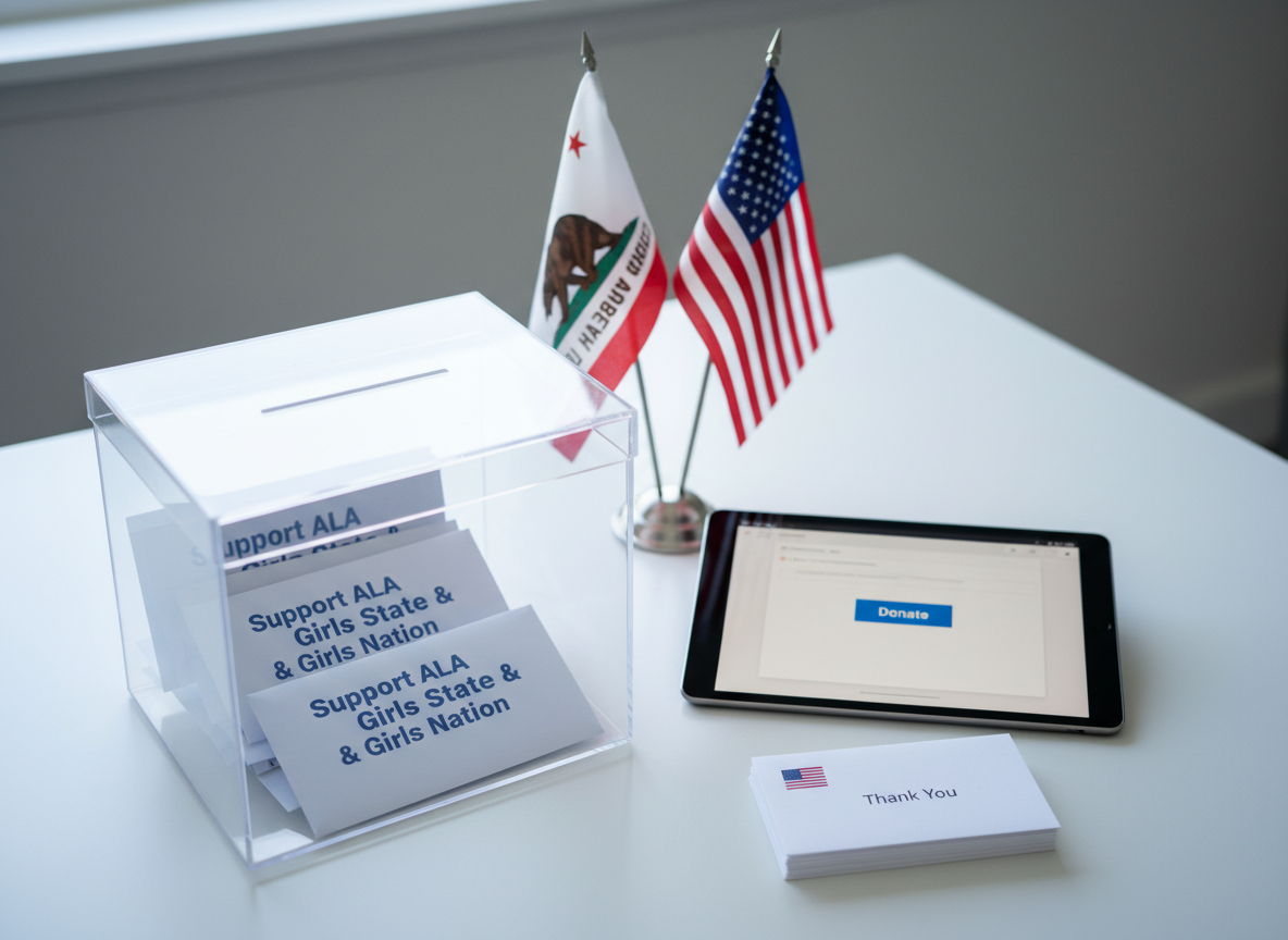 A patriotic donation-focused still life on a tidy white desk, featuring a clear acrylic donation box partially filled with folded checks and crisp envelopes labeled “Support ALA Girls State & Girls Nation.” Beside it lies a tablet showing a blurred online donation form with a prominent “Donate” button, next to a small stack of thank-you cards adorned with a subtle American flag motif. A miniature California state flag and U.S. flag stand together in a simple metal base. Cool, even daylight from above and slightly to the left creates soft reflections on the acrylic surface. Captured from a three-quarter overhead angle with sharp focus on the box and tablet, in polished photographic realism, the mood is trustworthy, transparent, and mission-driven, ideal for a non-profit giving page.